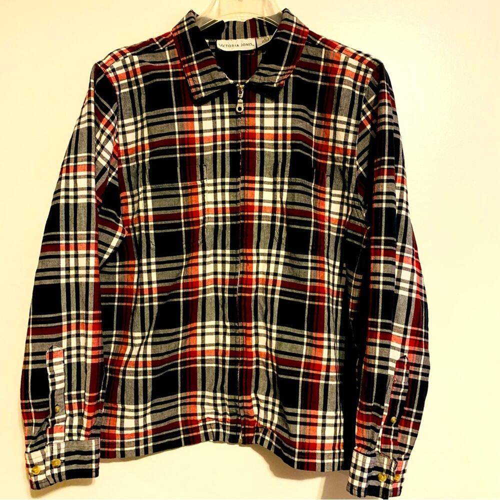 Victoria Jones Zip Up Jacket Womens Large Plaid Multicolor Cotton Long Sleeves